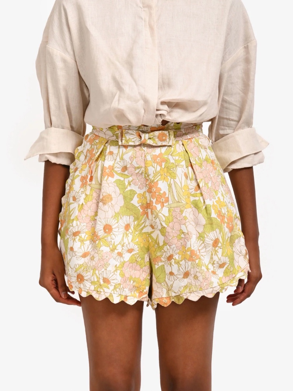 Zimmermann Floral Belted Scallop Hem Women's Shorts - Cream & Pastel Floral